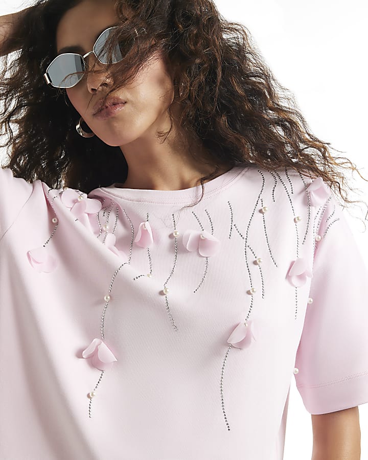 Pink Cotton Petal Embellished T-Shirt
