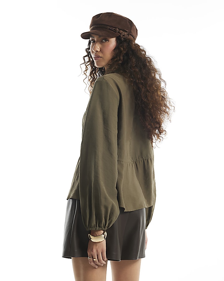 Khaki Funnel Neck Drawstring Waist Jacket