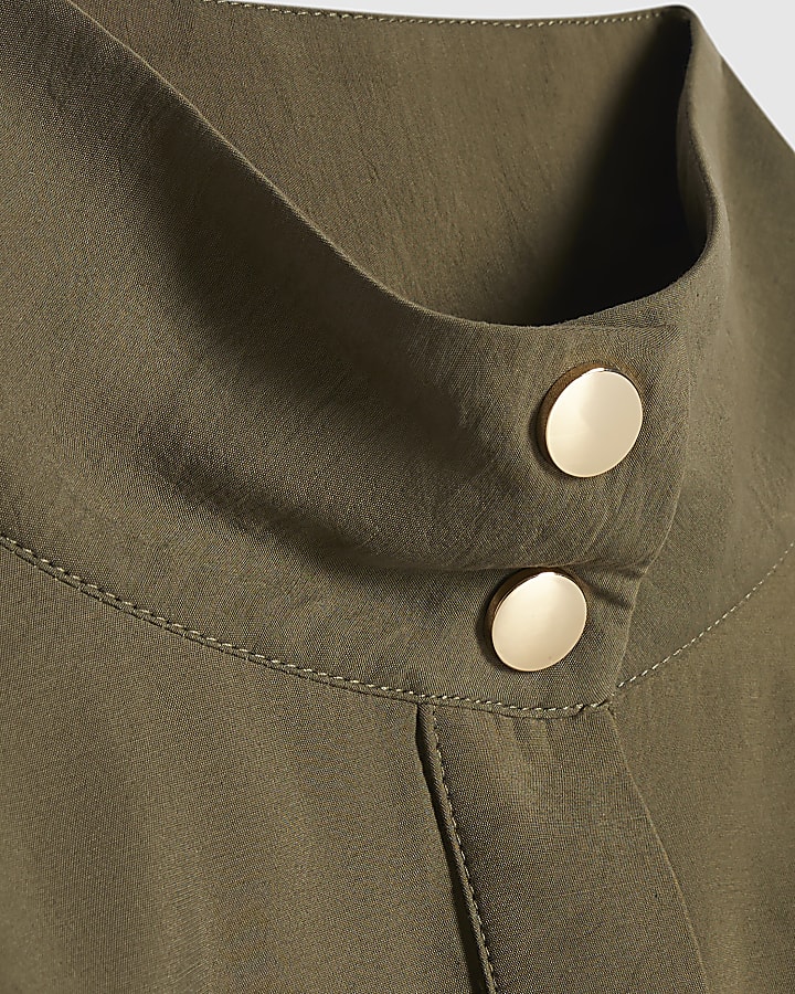 Khaki Funnel Neck Drawstring Waist Jacket