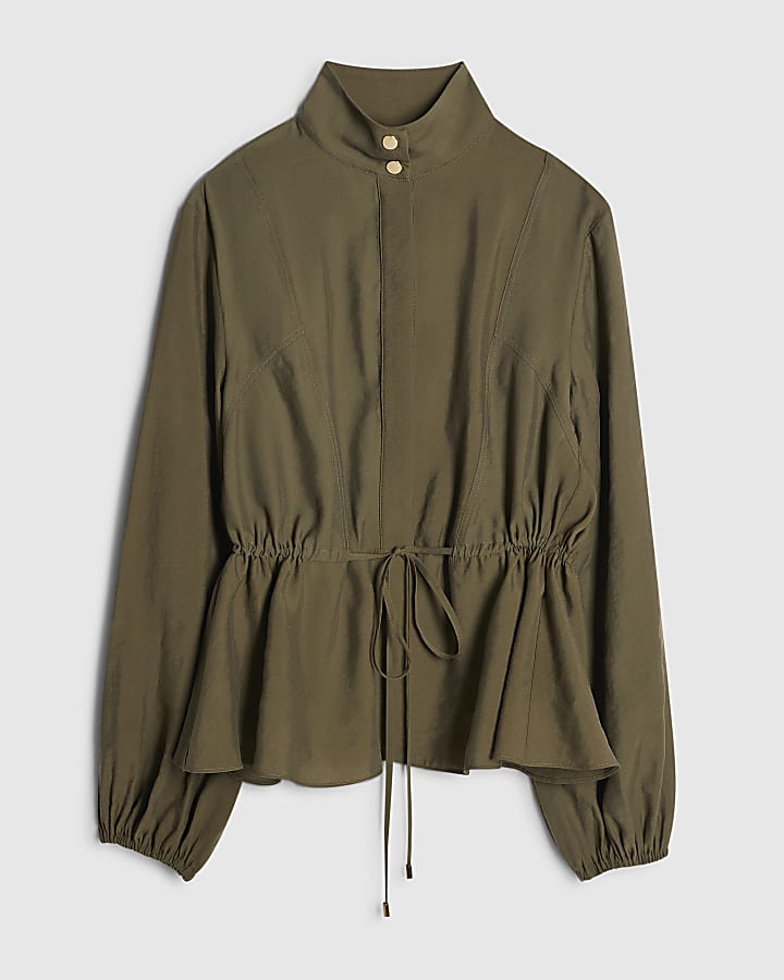 Khaki Funnel Neck Drawstring Waist Jacket