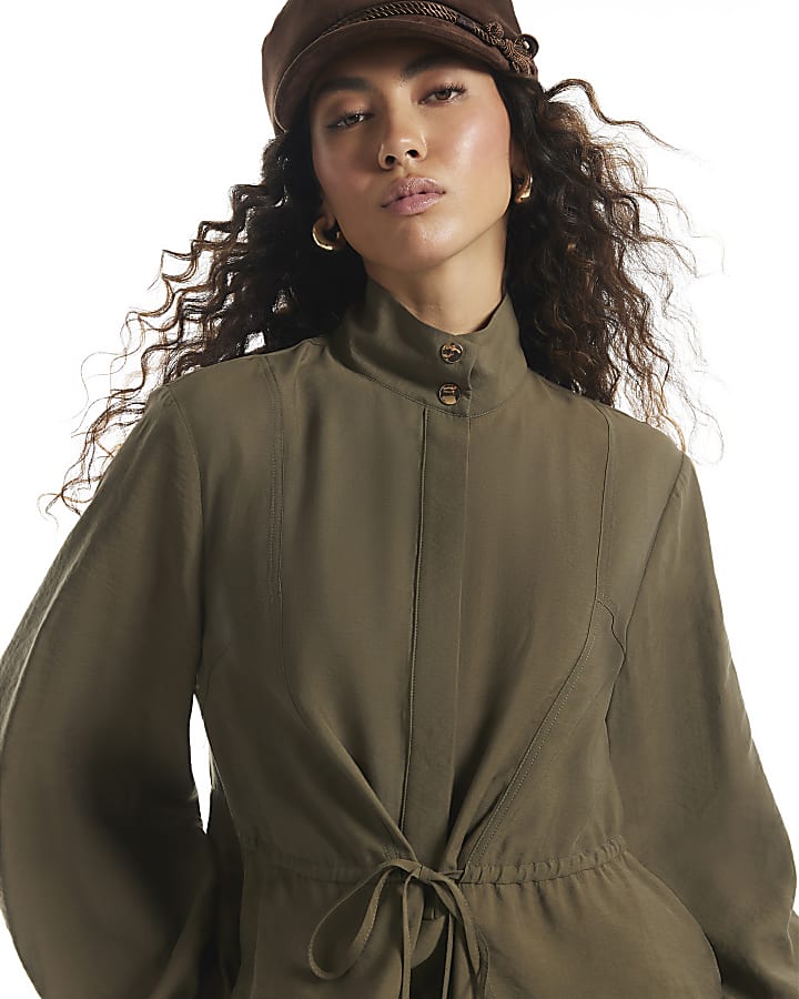 Khaki Funnel Neck Drawstring Waist Jacket