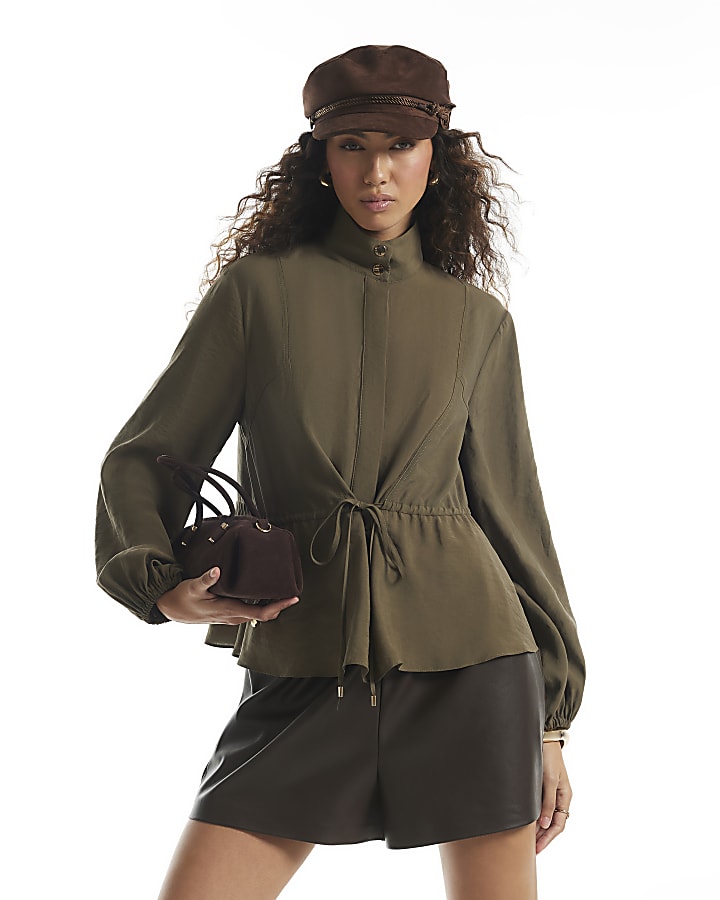 Khaki Funnel Neck Drawstring Waist Jacket