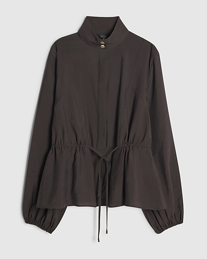 Brown Cupro Funnel Neck Jacket