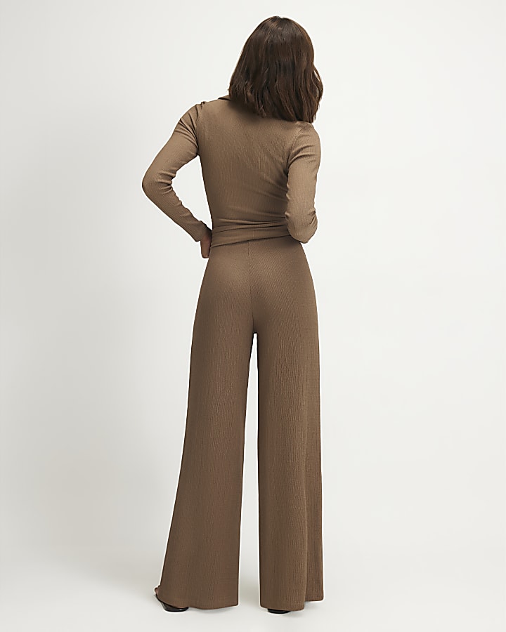 Brown Textured Wide Leg Trousers
