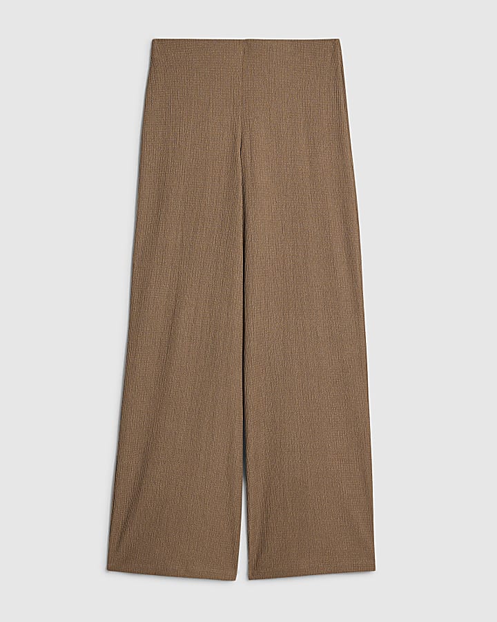 Brown Textured Wide Leg Trousers