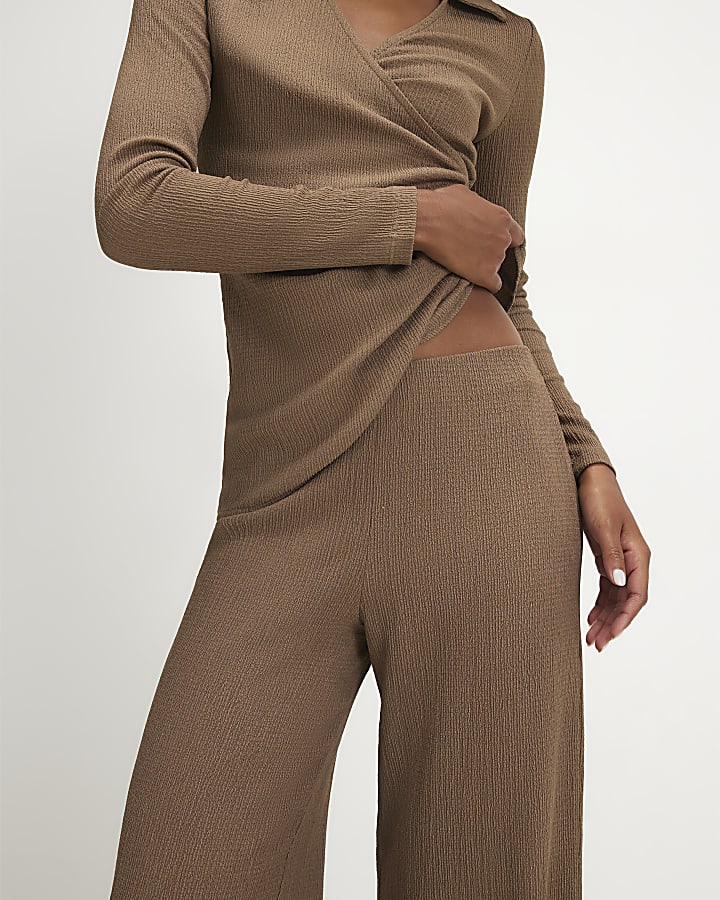 Brown Textured Wide Leg Trousers