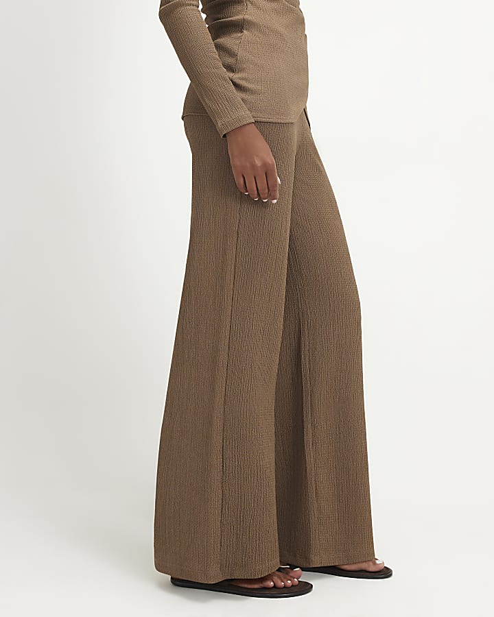 Brown Textured Wide Leg Trousers