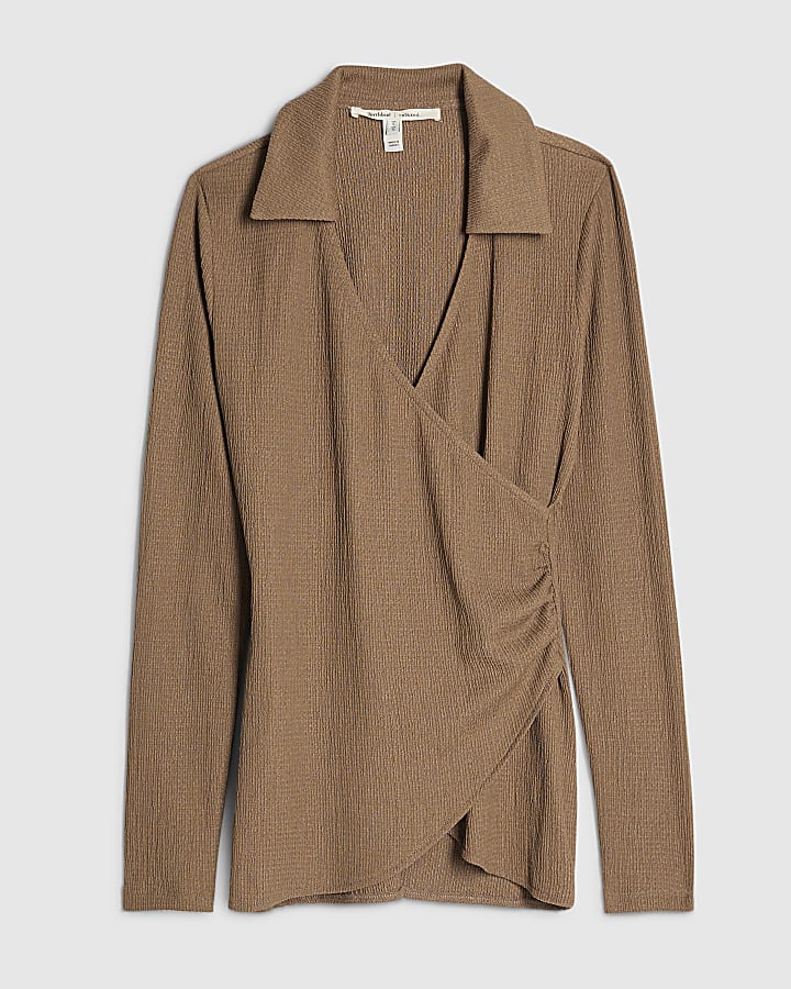 Brown Textured Wrap Top