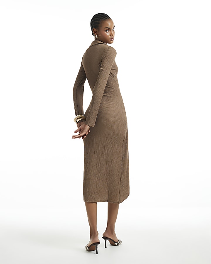 Brown Textured Wrap Midi Dress