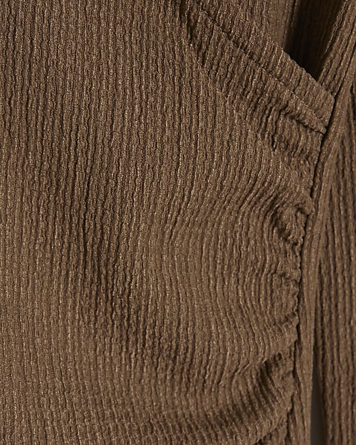 Brown Textured Wrap Midi Dress