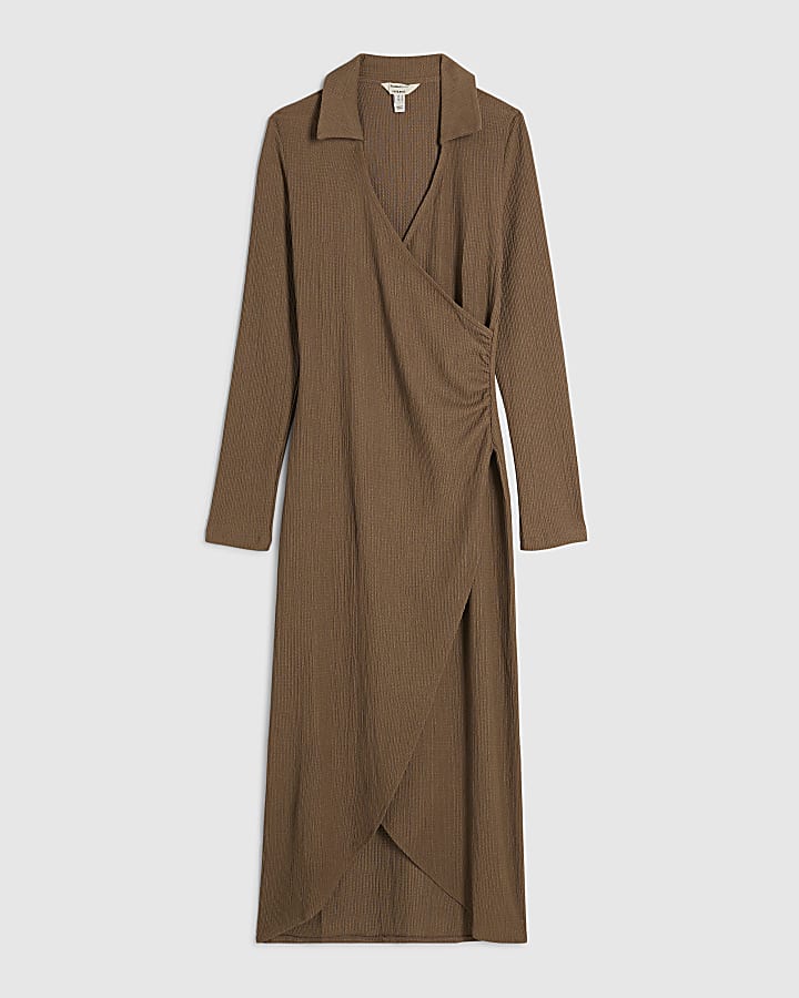 Brown Textured Wrap Midi Dress