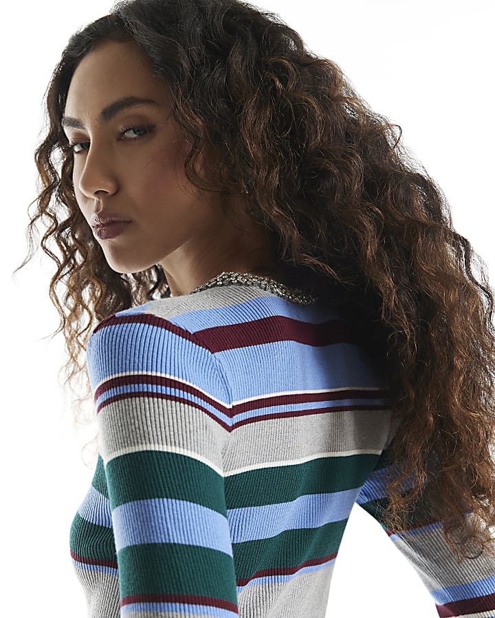 Blue Embellished Stripe Knit Top