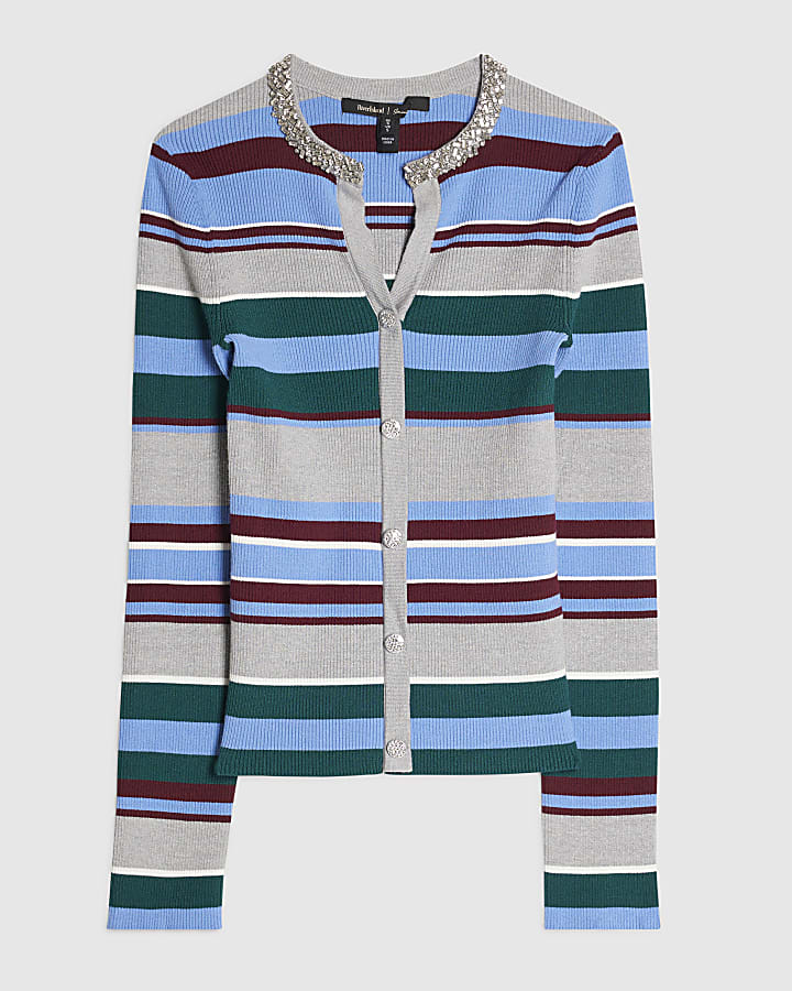 Blue Embellished Stripe Knit Top