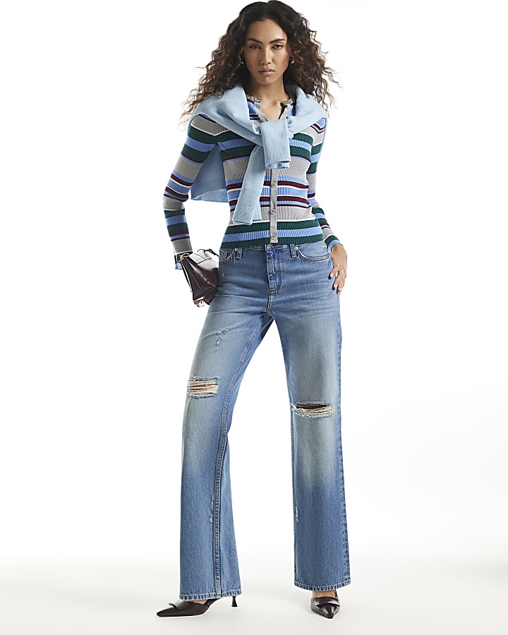 Blue Embellished Stripe Knit Top