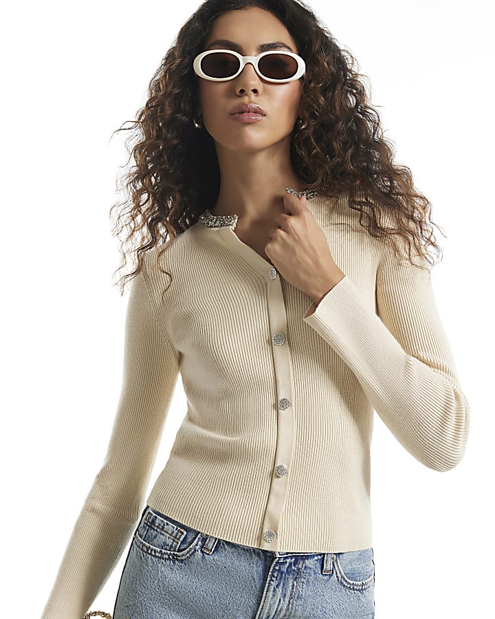Cream Embellished Knit Top