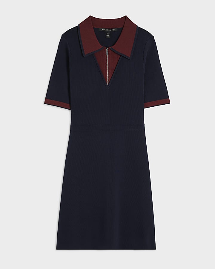 Navy Knit Blocked Polo Skater Dress