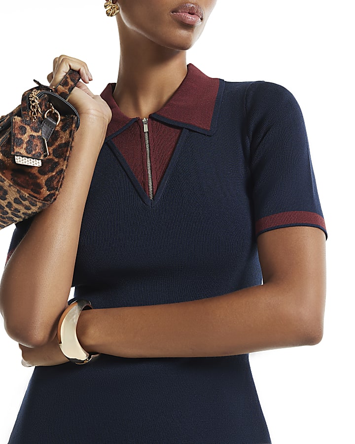 Navy Knit Blocked Polo Skater Dress
