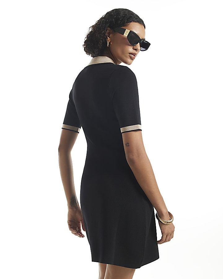 Black Knit Blocked Polo Skater Dress