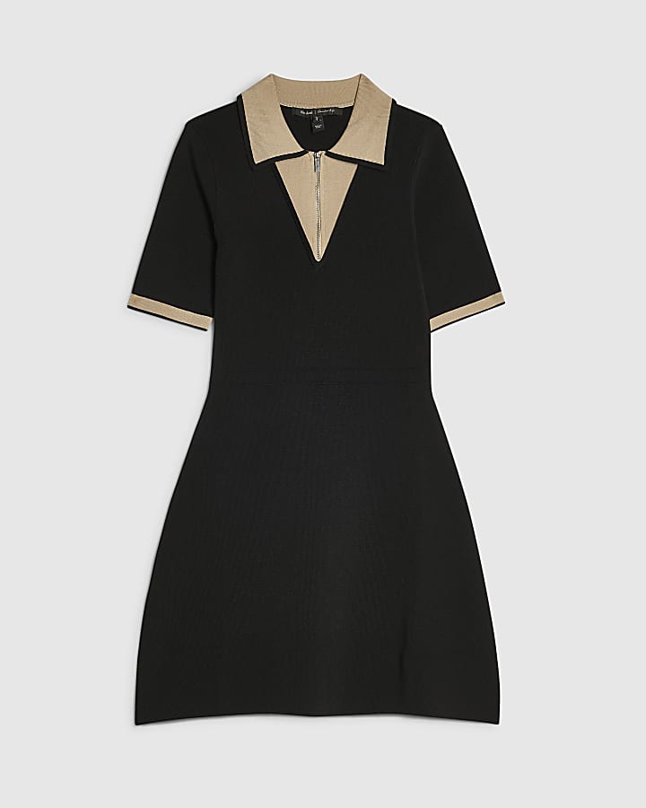 Black Knit Blocked Polo Skater Dress