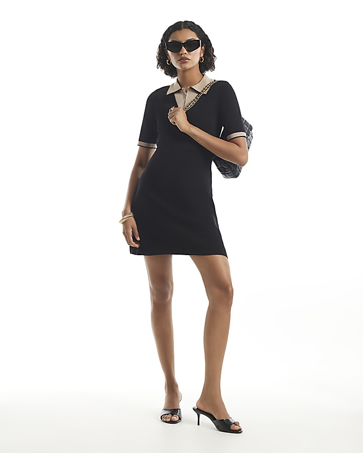 Black Knit Blocked Polo Skater Dress