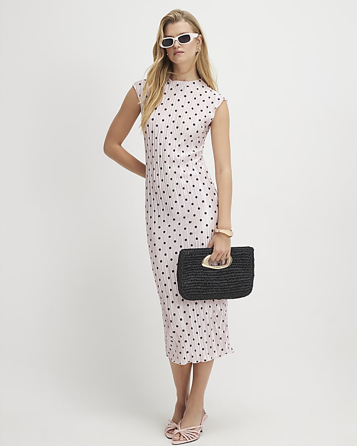 Pink Plisse Spot Print Midi Dress