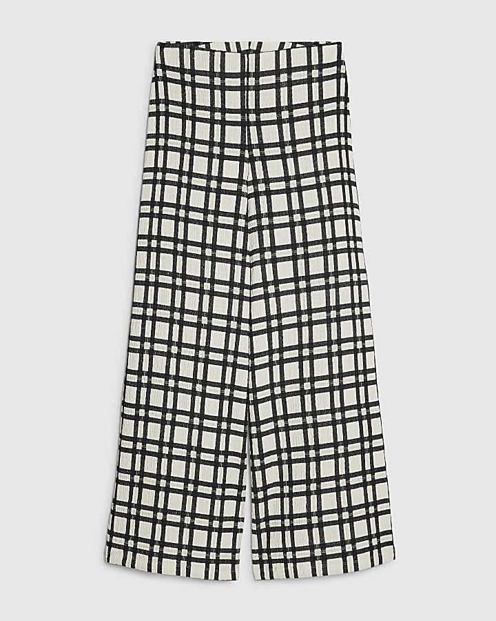 Cream Check Textured Wide Leg Trousers