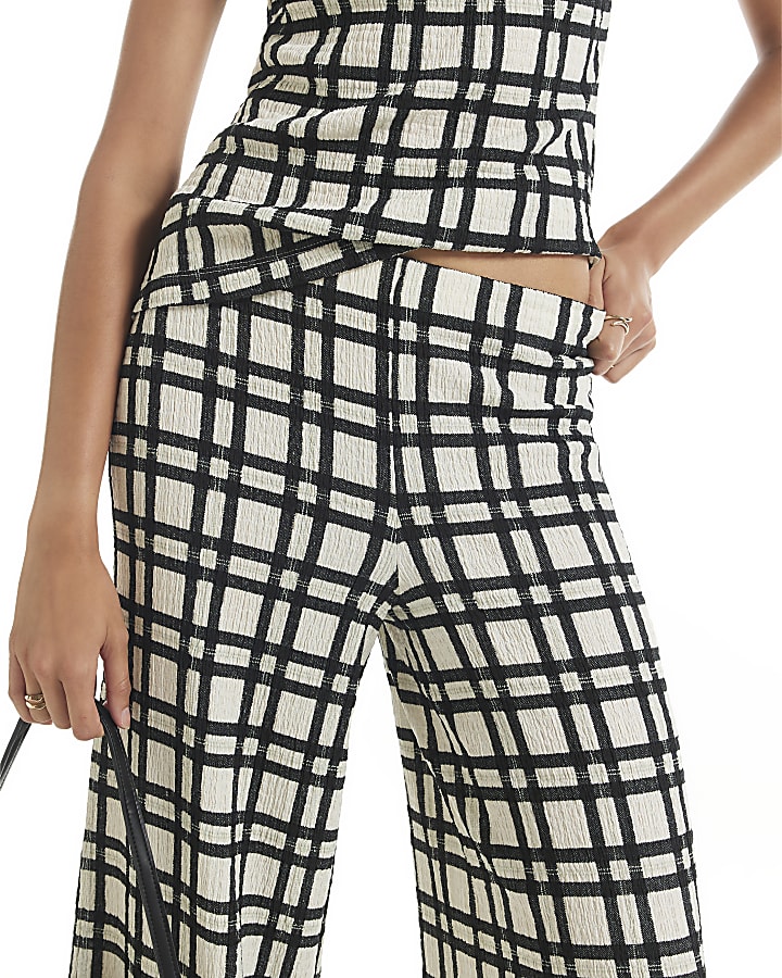 Cream Check Textured Wide Leg Trousers