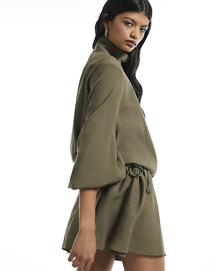 Khaki Cupro Funnel Neck Mini Dress