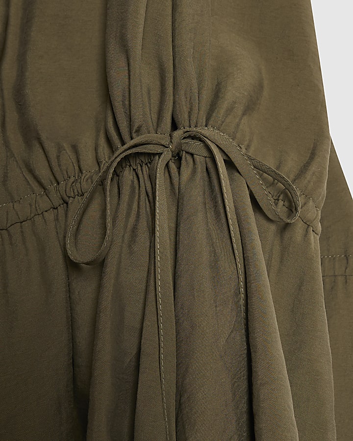 Khaki Cupro Funnel Neck Mini Dress