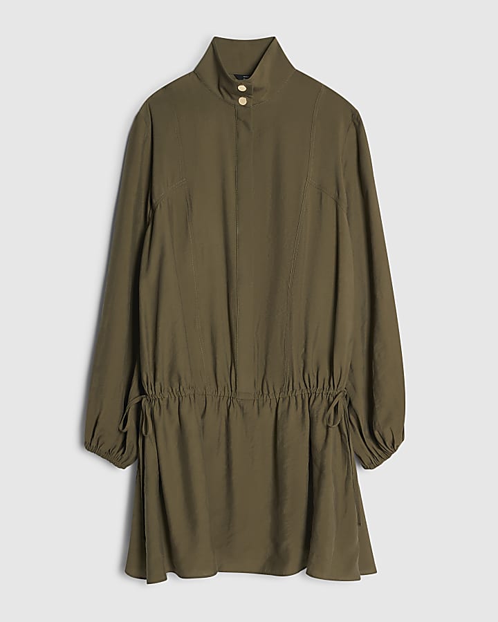 Khaki Cupro Funnel Neck Mini Dress