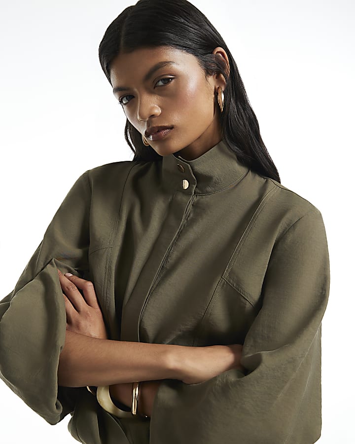 Khaki Cupro Funnel Neck Mini Dress