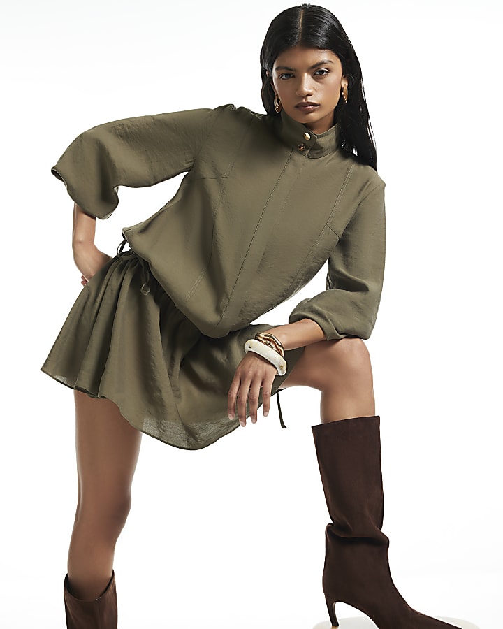 Khaki Cupro Funnel Neck Mini Dress
