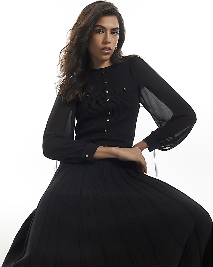 Black Chiffon Pointelle Maxi Dress