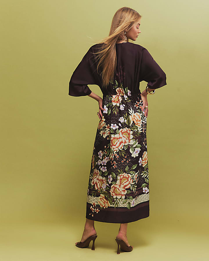 Purple Floral Twist Front Midi Dress