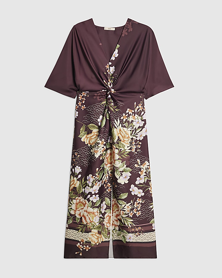Purple Floral Twist Front Midi Dress