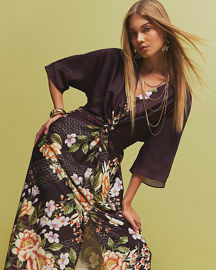 Purple Floral Twist Front Midi Dress