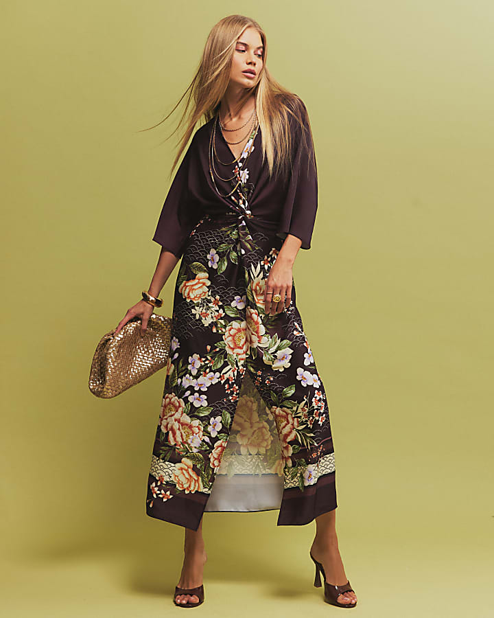 Purple Floral Twist Front Midi Dress