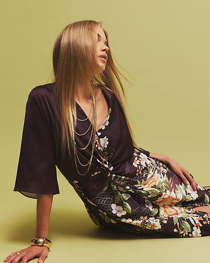 Purple Floral Twist Front Midi Dress