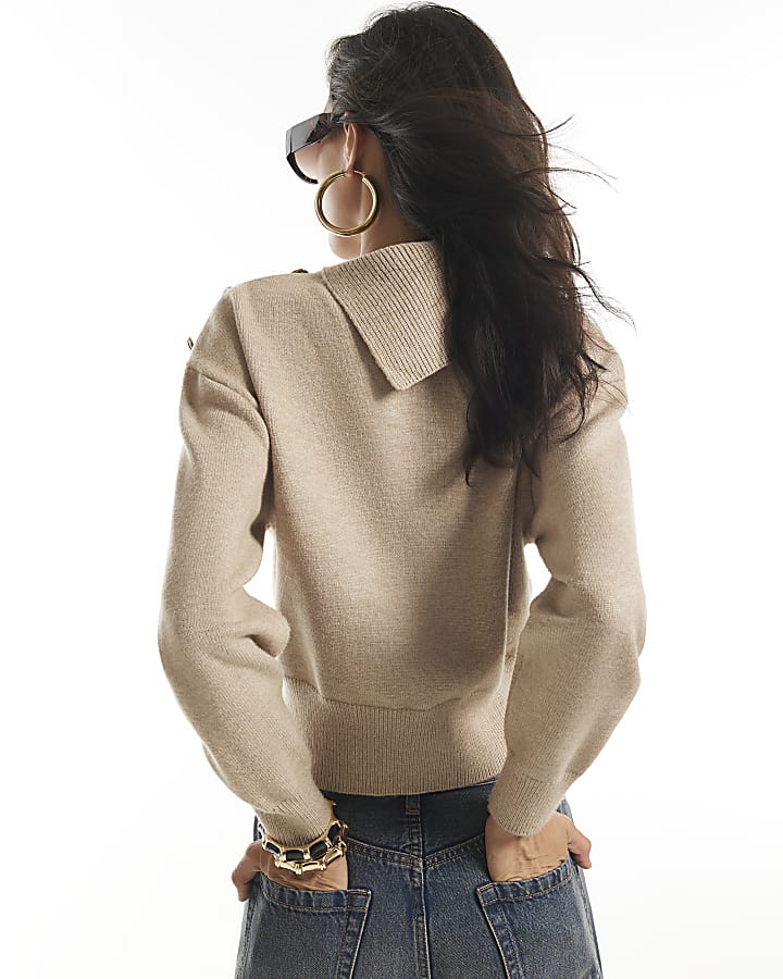 Beige Knit Asymmetric Neck Button Top
