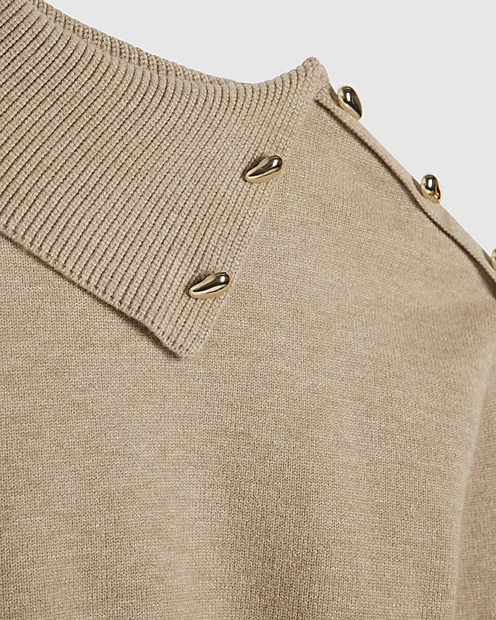 Beige Knit Asymmetric Neck Button Top