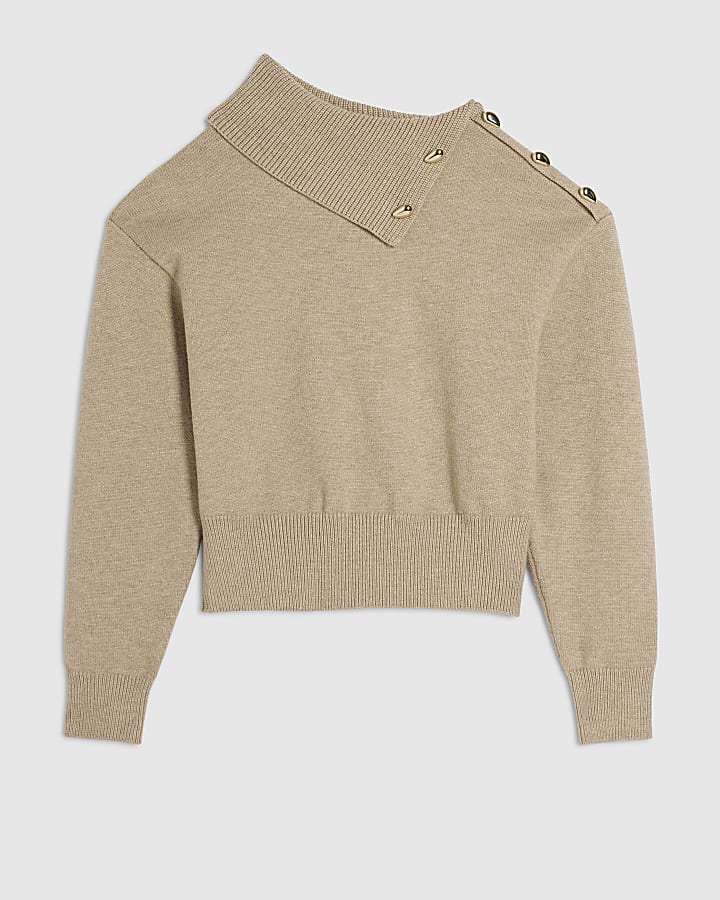Beige Knit Asymmetric Neck Button Top