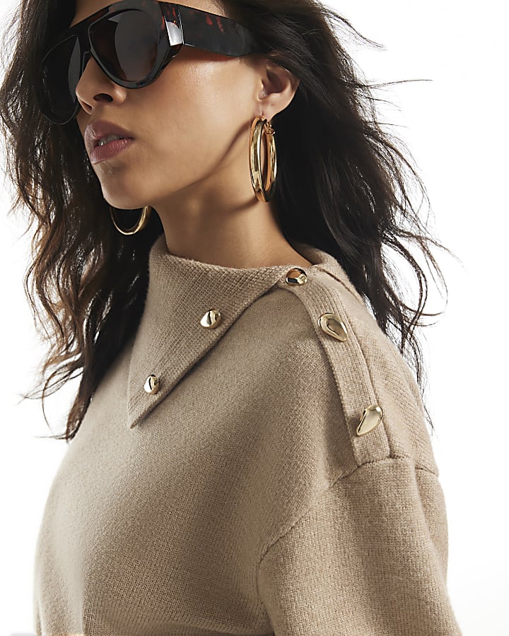 Beige Knit Asymmetric Neck Button Top