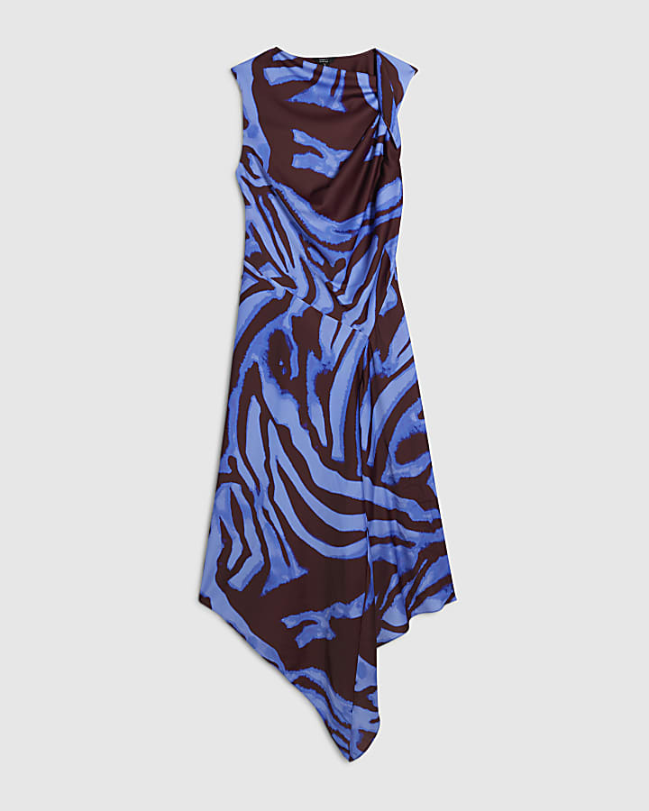 Petite Blue Satin Zebra Print Midi Dress