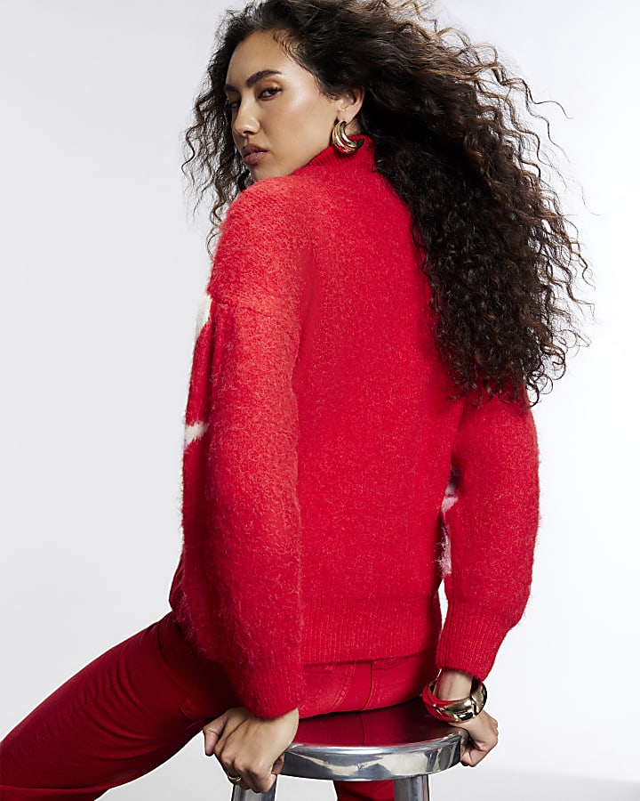 Red Oversized Floral Knit Jumper