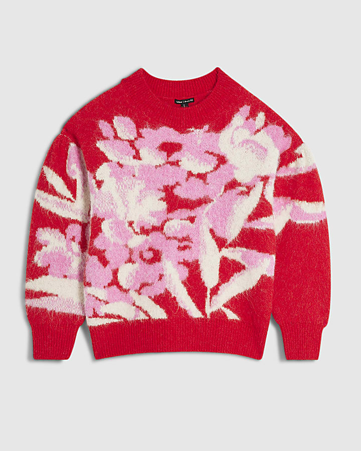 Red Oversized Floral Knit Jumper