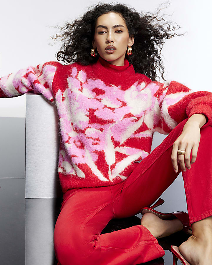 Red Oversized Floral Knit Jumper