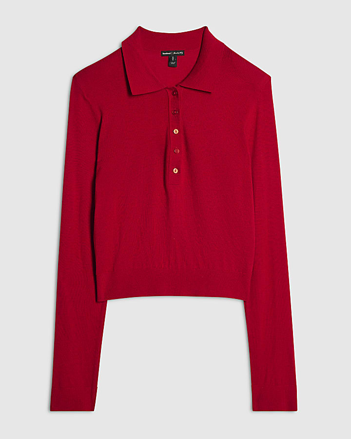 Red Knit Shoulder Pad Polo Top