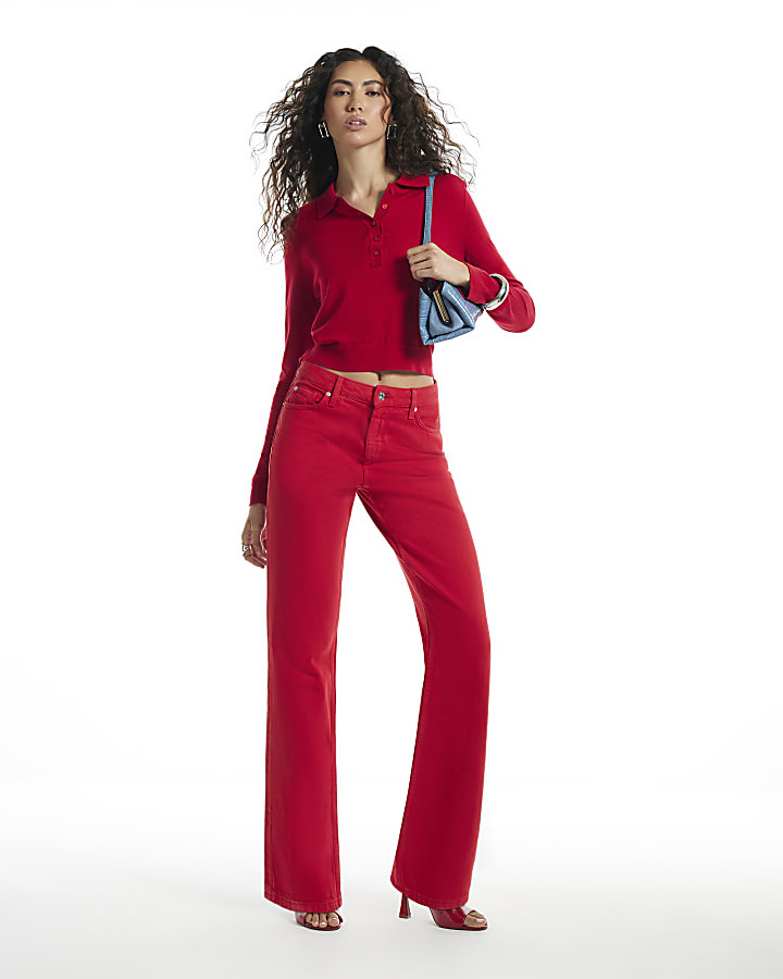 Red Knit Shoulder Pad Polo Top