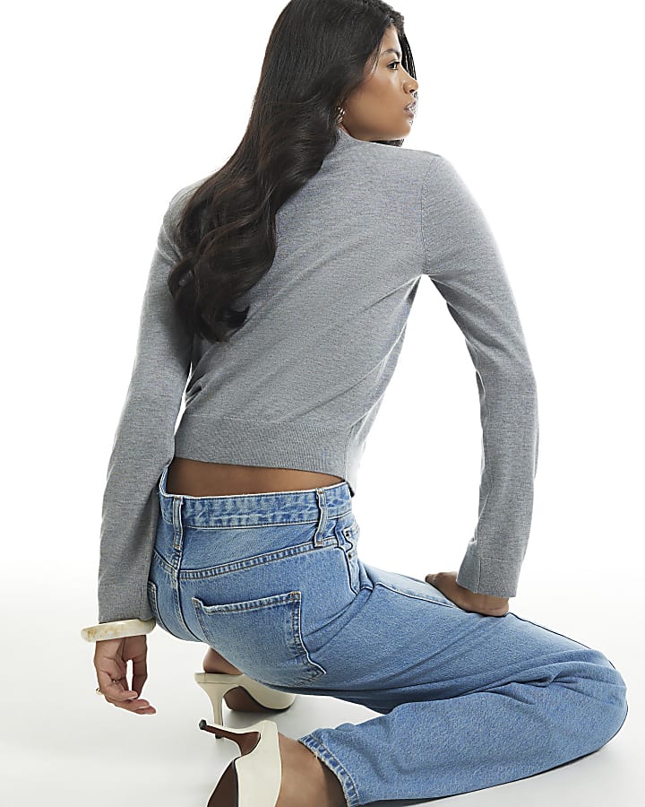 Grey Knit Shoulder Pad Polo Top