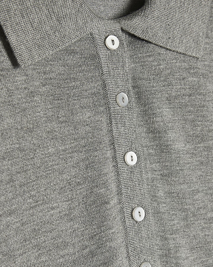 Grey Knit Shoulder Pad Polo Top